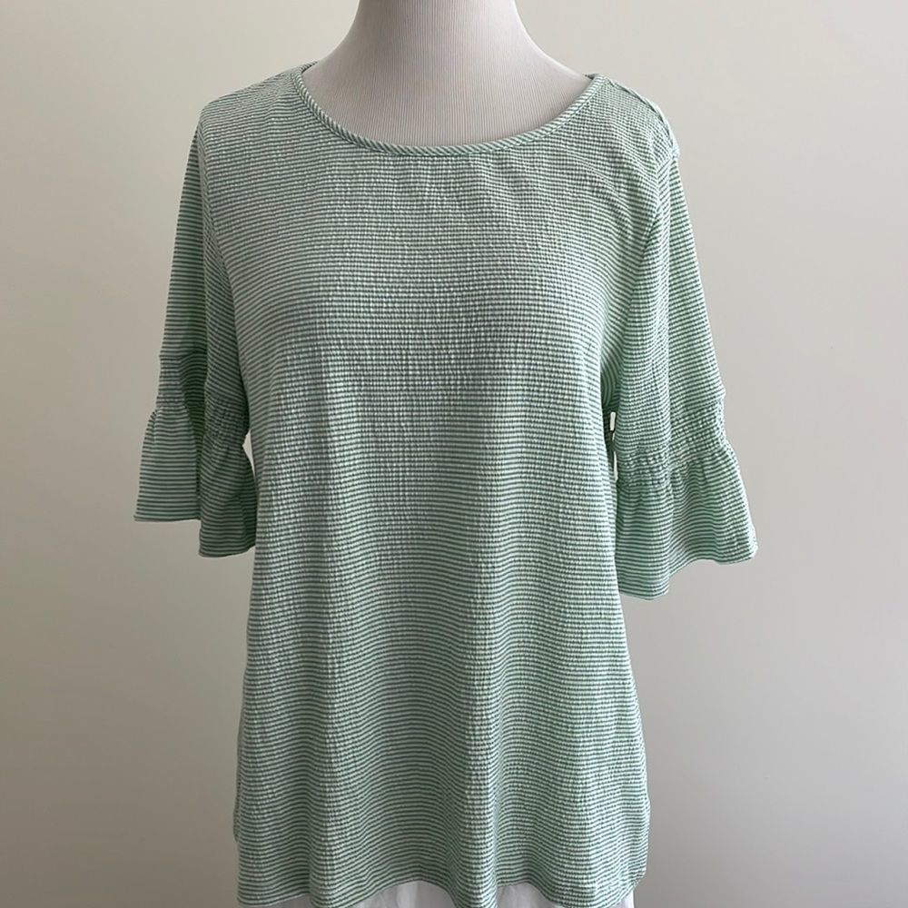 Lauren Conrad green and white striped shirt with elastic ruffle sleeves Large